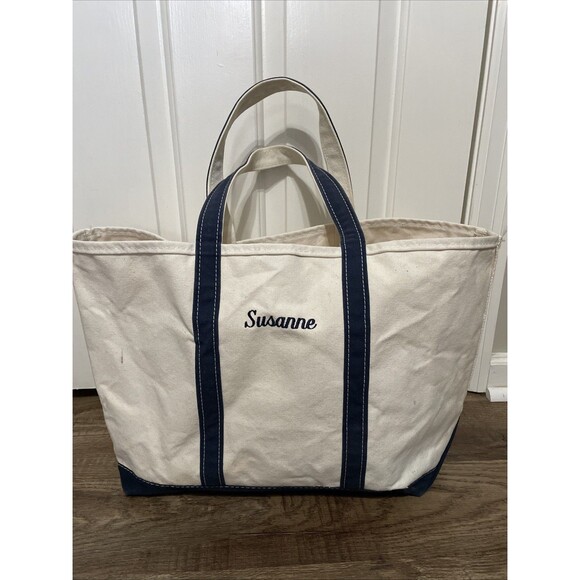 SET VTG LL Bean Boat & Tote Canvas Bag Large Blue Name READ 22x14 +purse FLAWS - Picture 2 of 16